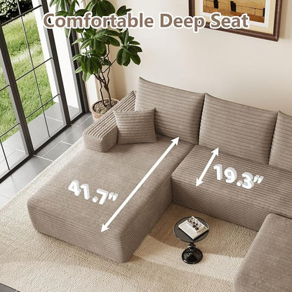 95" Cloud Sectional Couch U-Shaped Chaise with Ottoman, Corduroy Boneless Couch for Living Room Bedroom, Deep-Seat Upholstered Modular Cloud Sofa, No Assembly Required (Camel, Left Facing Chaise)