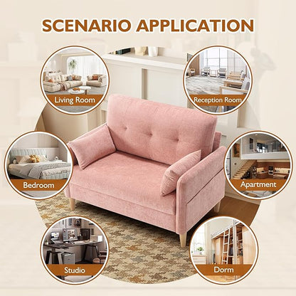 Urhanherry 47" Small Sofa Couch for Bedroom, Soft Chenille loveseat Mini Couch with Throw Pillow and Removable Cushion Cover for Small Spaces, Living Room, Apartment, Dorm, Office(Pink)
