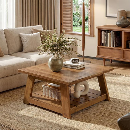31.5" Solid Wood Square Coffee Table, 2-Tier Storage Design, Sturdy Wooden Legs, Farmhouse Accent Center Cocktail Table for Living Room, Easy Assembly, Honey Brown