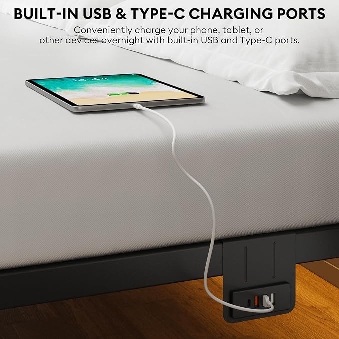 Queen Size Bed Frame with Headboard - Metal Platform Bed with LED Lights, Charging Station, Under Bed Storage and Heavy Duty Steel Slats Support - No Box Spring Needed, Easy Assembly, Black