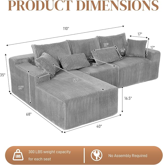 110" L Shaped Cloud Boneless Sectional Couches for Living Room, Modern Comfy Modular Deep Seat Memory Foam Compressed Corduroy Sofa Oversized Left Facing Chaise, No Assembly Required, Grey