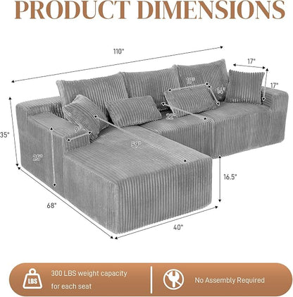 110" L Shaped Cloud Boneless Sectional Couches for Living Room, Modern Comfy Modular Deep Seat Memory Foam Compressed Corduroy Sofa Oversized Left Facing Chaise, No Assembly Required, Grey
