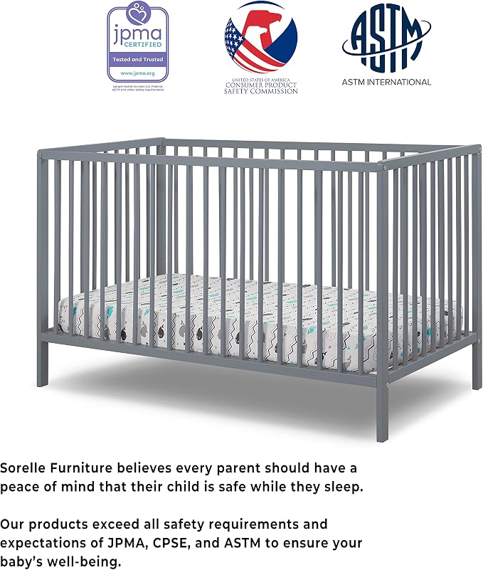Sorelle Furniture Happy 3-in-1 Convertible Crib, Baby Crib to Toddler Bed, Sustainable Beech Wood, Non-Toxic Finish, Nursery Furniture - Gray