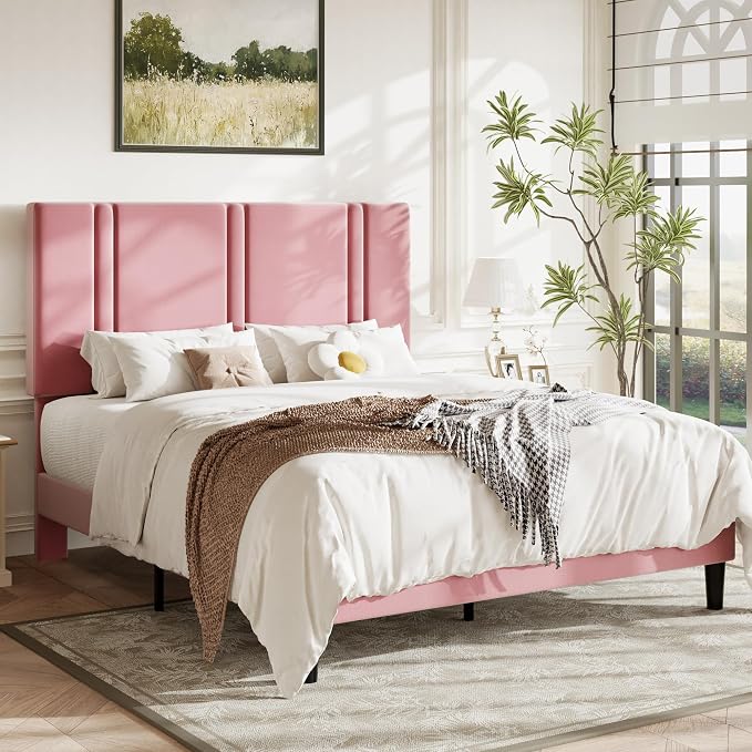 Allewie Queen Platform Bed Frame with Adjustable Headboard, Plush Velvet Upholstered, Vertical Channel Tufted, Sturdy Wooden Slats, No Box Spring Needed, Easy Assembly, Pink