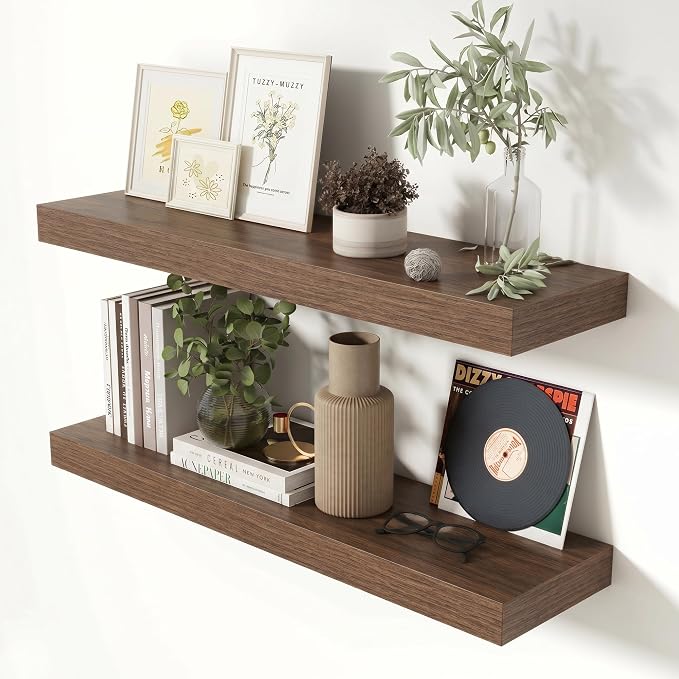 Heimlove 32 Inch Floating Shelves for Wall Walnut Shelves Set of 2,Wall Mounted Rustic Wood 8 Inch Deep Floating Shelf with Invisible Brackets for Bedroom Kitchen Living Room
