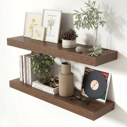 Heimlove 32 Inch Floating Shelves for Wall Walnut Shelves Set of 2,Wall Mounted Rustic Wood 8 Inch Deep Floating Shelf with Invisible Brackets for Bedroom Kitchen Living Room