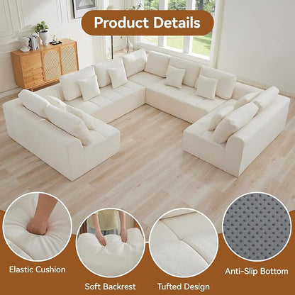 140''Modular Sectional Couches for Living Room, Cloud Boneless Compressed Sectional Sofa, Oversized U Shaped 9 Seater Upholstered Memory Foam Sofa, No Assembly, Chenille Beige