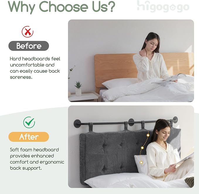 HIGOGOGO Wall Mounted Headboards for Queen Size Bed, Hanging Head Board Wall with Button Tufting, Adjustable Height Headboard for Bedroom,Darkgrey