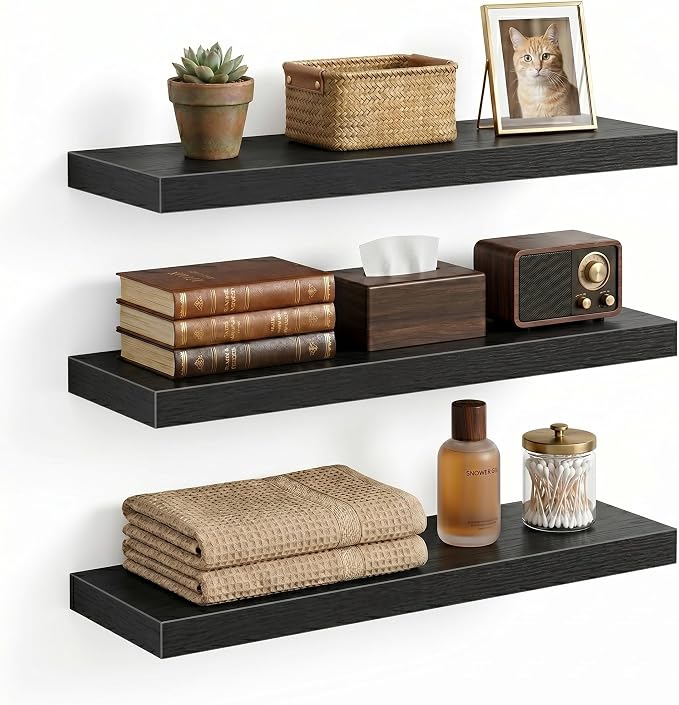 Floating Shelves for Wall, 16 inch Set of 3 Bathroom Shelf Bedroom Kitchen Living Room Hanging Book Shelves Small Farmhouse Decor, Black