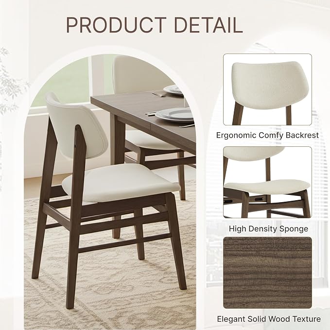 KISLOT Wooden Dining Chairs Set of 6, Upholstered Modern Dining Room Chairs, Solid Oak Wood Kitchen Chairs with Soft Cushion Backrest for Farmhouse, Restaurant, Café (Cream Fabric & Walnut Color)