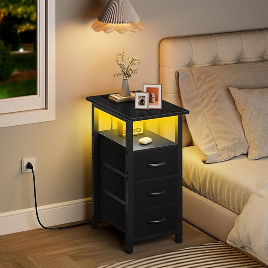 Vagusicc Black Nightstand with Charging Station and LED Lights, Narrow End Table, LED Nightstand with 3 Fabric Drawers for Bedroom, Small Night Stand, Narrow Side Table for Small Spaces, Black