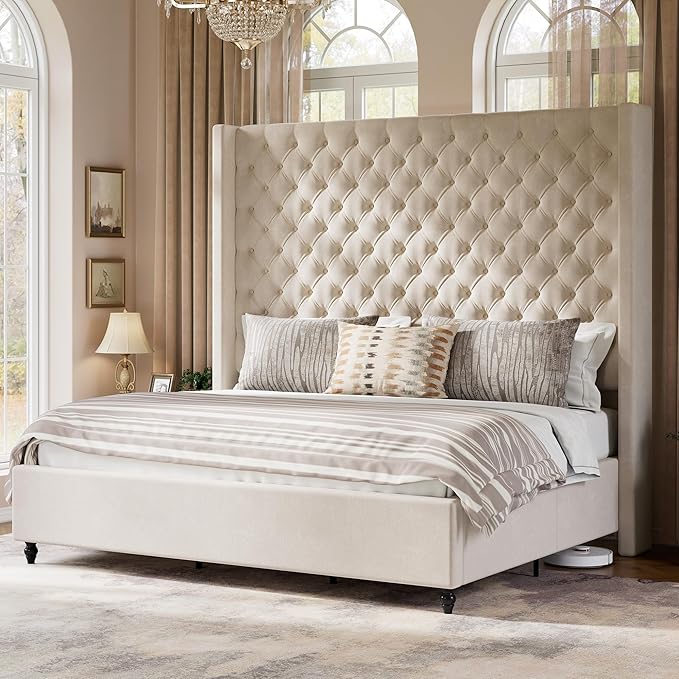 Jocisland King Size Bed Frame with 65" Tall Headboard, Upholstered Wingback Platform Design, Handcrafted Pleats & Deep Button Tufted, Solid Wood Legs, No Box Spring Needed, Cream