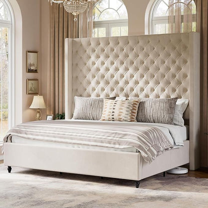 Jocisland King Size Bed Frame with 65" Tall Headboard, Upholstered Wingback Platform Design, Handcrafted Pleats & Deep Button Tufted, Solid Wood Legs, No Box Spring Needed, Cream