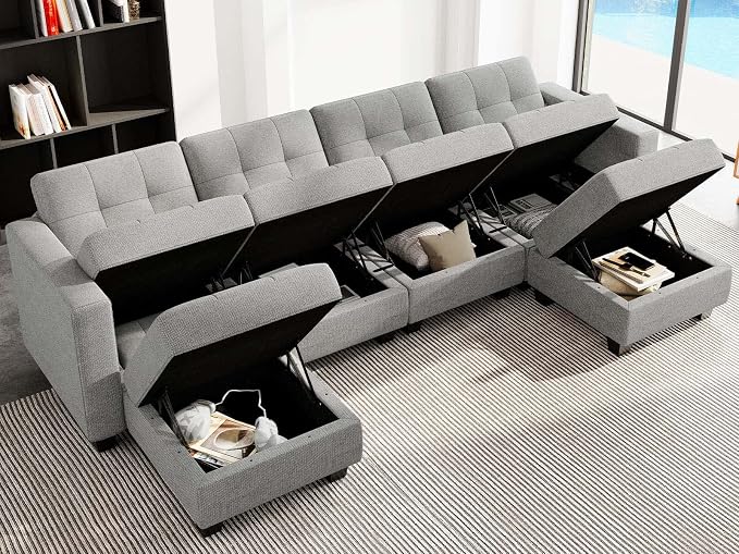 Belffin Reversible Storage Modular U-Shape Sectional Sofa Couch with Double Chaises Modular Sectional Sofa Set with Ottomans Fabric Light Grey