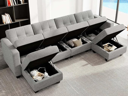 Belffin Reversible Storage Modular U-Shape Sectional Sofa Couch with Double Chaises Modular Sectional Sofa Set with Ottomans Fabric Light Grey