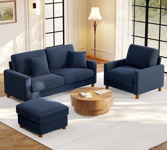 Welzona 70.2" Couches for Living Room, Comfy Sofa Set Tool-Free Setup, Corduroy Couch Set 7.1" Thicker Cushion, Accent Chair with Ottoman 848lbs Support, Sofas for Living Room Home Office, Blue