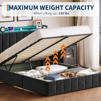 Garvee Full Size Lift Up Storage Bed with LED Lights, Upholstered Velvet Bed Frame with Storage Headboard & Charging Station, Metal Platform Bed, No Box Spring Needed, Solid Wooden Slats, Black