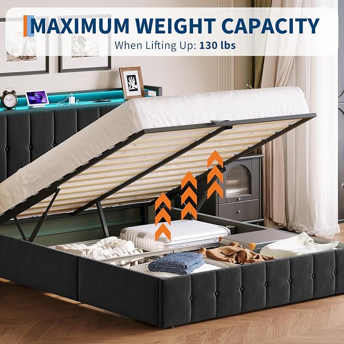 Garvee Queen Size Lift Up Storage Bed with LED Lights, Upholstered Velvet Bed Frame with Storage Headboard & Charging Station, Metal Platform Bed, No Box Spring Needed, Solid Wooden Slats, Black