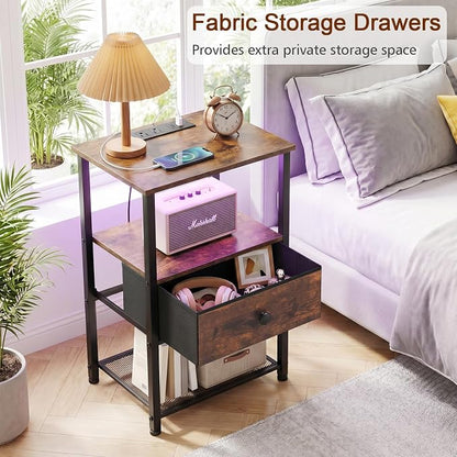 LOAKEKEL Night Stand Set 2, LED Nightstand with Charging Station, End Tables Living Room with Fabric Drawer for Small Spaces, Bed Side Tables with Storage Shelf for Bedroom, Brown, HETS01PBR