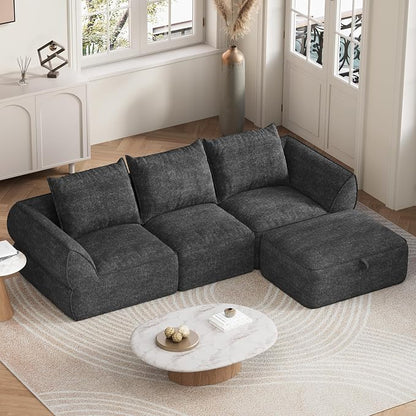 104" Modular Sectional Sofa with Deep Seat, Comfortable Upholstery L Shaped Cloud Couch for Living Room, 3-Seater Boneless Sofa with Movable Ottomans, Removable Cover, No Assembly Required, Dark Gray
