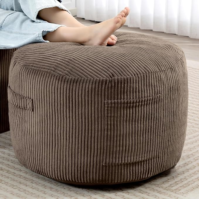 Round Stuffed Pouf Ottoman,Corduroy Foot Rest with Rebound Foam Filled, Furry and Fluffy Foot Stool Ottoman, Floor Poufs for Living Room (Brown, 26" D x 26" W x 18" H)