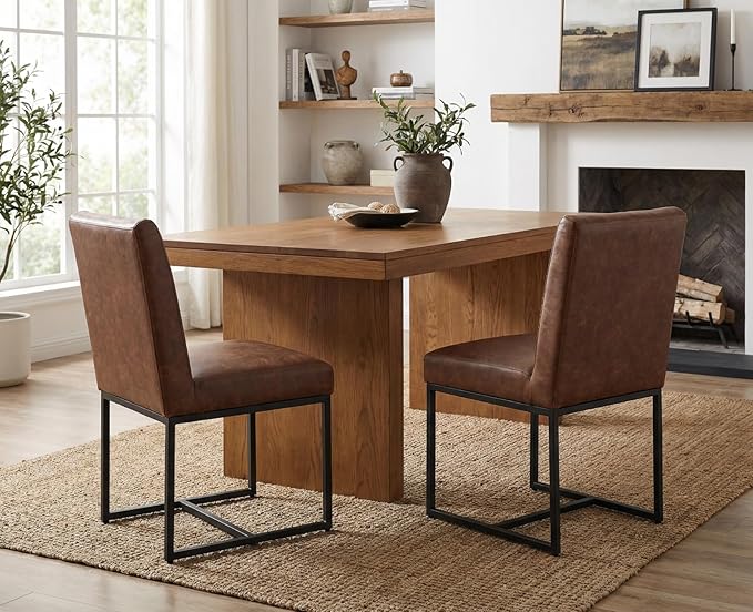 CIMOTA Modern Dining Chairs Set of 2, Leather Dining Room Chairs Upholstered Mid Century Armless Guest Side Chair with Black Base for Dining Room/Kitchen, Vintage Brown 2PCS
