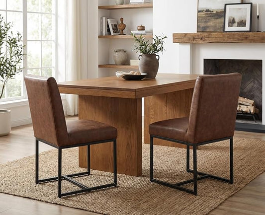 CIMOTA Modern Dining Chairs Set of 2, Leather Dining Room Chairs Upholstered Mid Century Armless Guest Side Chair with Black Base for Dining Room/Kitchen, Vintage Brown 2PCS