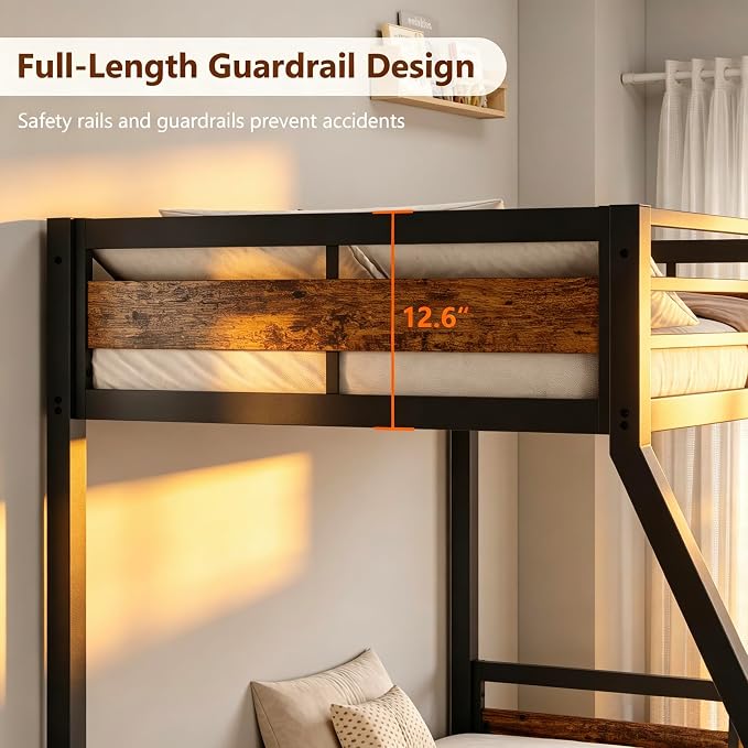 Bunk Bed Twin Over Full, Heavy Duty Metal Bunkbeds with Full-Length Guardrail, Space-Saving Steel Bed for Kids & Adults, No Box Spring Required, Rustic Brown