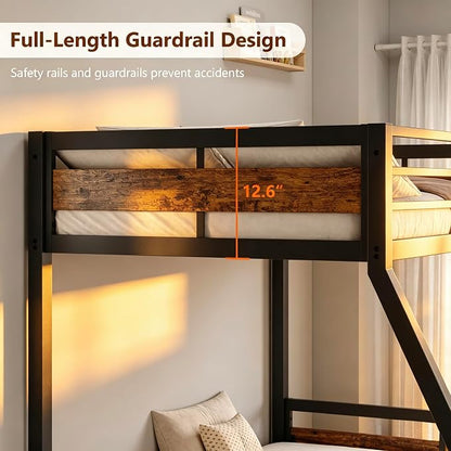Bunk Bed Twin Over Full, Heavy Duty Metal Bunkbeds with Full-Length Guardrail, Space-Saving Steel Bed for Kids & Adults, No Box Spring Required, Rustic Brown