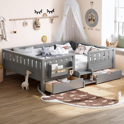 Bellemave Queen Size Bed with Slats and Stairs, Queen Size Platform Bed Frame with Fence, Bookshelf and Storage Drawers, Easy Assemble Beds for Girls, Boys, Gray