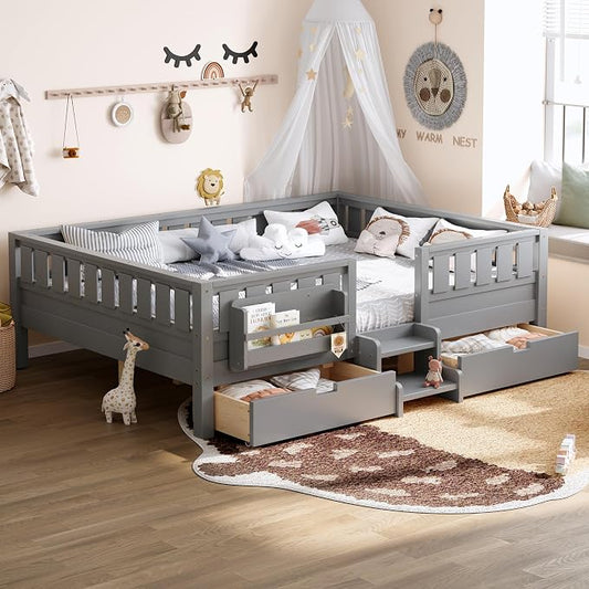 Bellemave Queen Size Bed with Slats and Stairs, Queen Size Platform Bed Frame with Fence, Bookshelf and Storage Drawers, Easy Assemble Beds for Girls, Boys, Gray