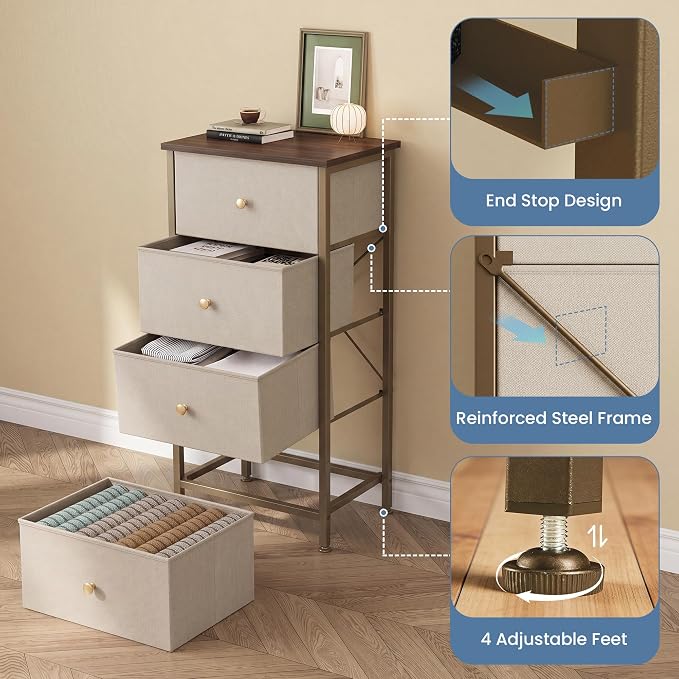 DUMOS Nightstand with 4 Drawers Bedside Table with Removable Fabric Bins Sturdy Steel Frame Wood Top Organizer Furniture for Bedroom Closet Living Room, Tan