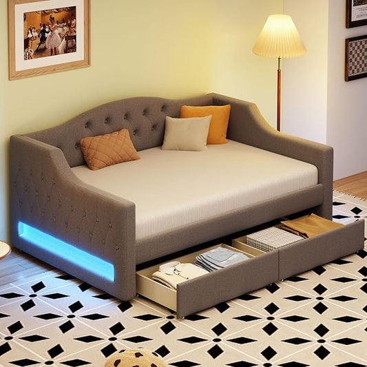 Merax Twin XL Size Modern Upholstered Platform Bed with 2 Drawers, Linen Sofa Daybed with Wood Slat Support, Storage Bed Frame, Space Saving/Gray