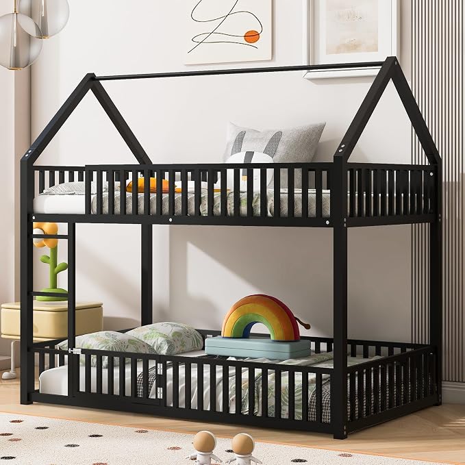 RuiSiSi Twin Over Twin House Bunk Bed, Metal Floor Bunk Beds with Safety Guardrails and Roof for Kids, Twin Bunk Bed Frame with Fenced Rails for Bedroom, No Box Spring Needed, Black