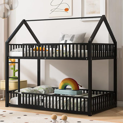 RuiSiSi Twin Over Twin House Bunk Bed, Metal Floor Bunk Beds with Safety Guardrails and Roof for Kids, Twin Bunk Bed Frame with Fenced Rails for Bedroom, No Box Spring Needed, Black