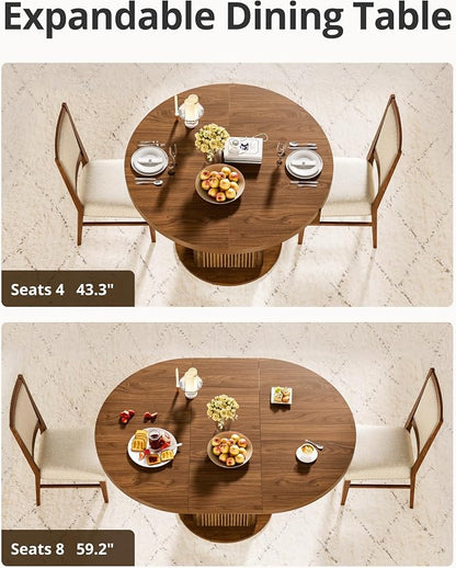 43"-59" Extendable Round Dining Table for 4-8 with Hidden Storage, Oval Dining Room Table with Removable Leaves, Modern Farmhouse Fluted Wood Kitchen Table for Living Room, Walnut