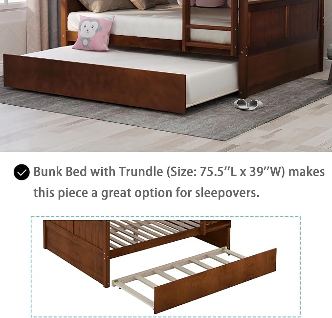 Merax Trundle Bunk Bed, Full Over Full Wood Bunk Bed with Twin Size Trundle, Guardrail and Ladder, Can be Separated into 2 Beds, Walnut