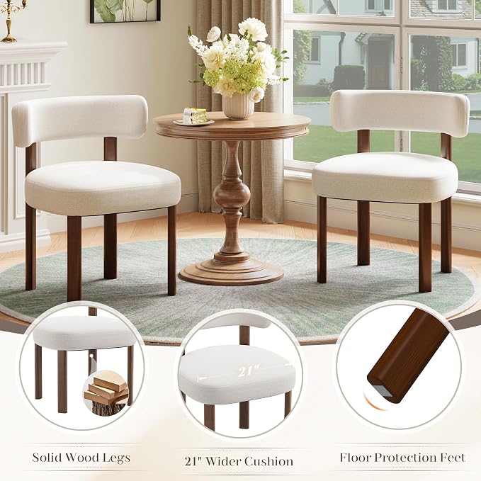 Wooden Dining Chairs Set of 4, Upholstered Kitchen Chairs with Solid Wood Legs, Mid Century Dining Room Chair with Ergonomic Curved Backrest for Kitchen Dining Vanity, Beige