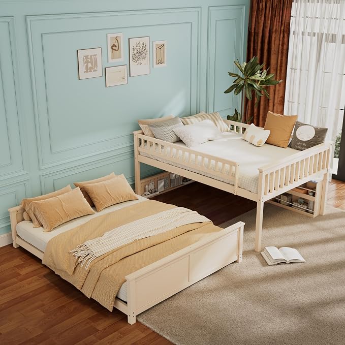 Full XL Over Queen Bunk Bed, Wood Bunk Bed with Integrated Shelving, Color-Changing Lights and Pegboard for Kids Teens Adults, Beige