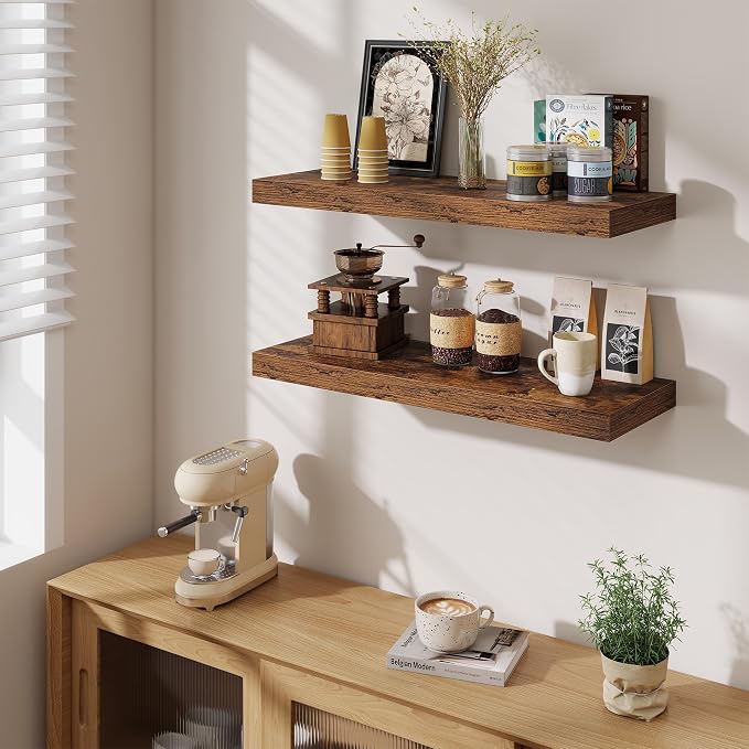 Fun Memories Floating Shelves for Wall, 30 Inch Long Floating Shelves Set of 3, 30 x 10 Wooden Shelves for Wall, Large Storage Shelves, Hanging Shelves for Bathroom Kitchen Bedroom, Rustic Brown