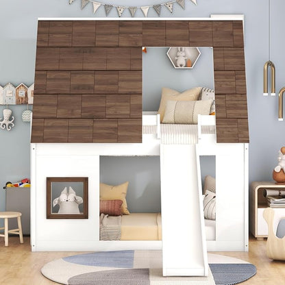 YOPTO Wood Twin Size House Bunk Bed with Roof, Ladder and Slide,Bedroom Low Loft Bed Frame,W/Guardrail,No Box Spring Needed,for Kids,Teens,Girls,Boys White+Brown