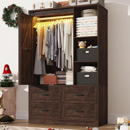 Farmhouse 3 Doors Armoire Wardrobe Closet w/Folding Sliding Barn Door and Lights, LED Armoire Closet w/Drawers for Bedroom, Freestanding Wooden Wardrobe Storage Closets w/Hanging Rod,Rustic Brown