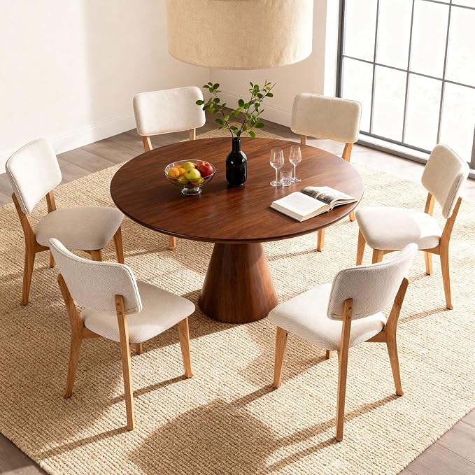 Wooden Dining Chairs Set of 4, Mid Century Modern Kitchen Chairs with Fabric Upholstered and Curved Backrest for Dining Room, Restaurant/Cafe, 300LBS Capacity, Natural