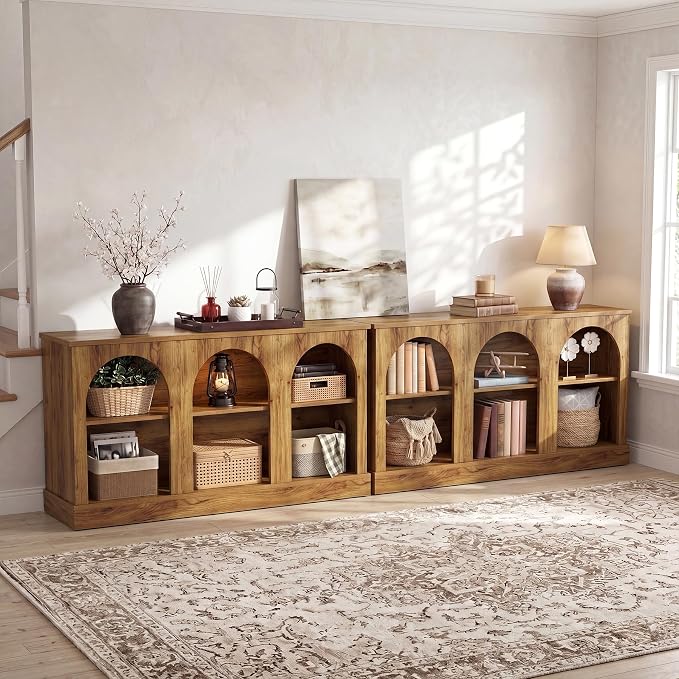 Tribesigns Farmhouse Console Table Set of 2, Extra Long Entryway Table with 3 Tier Storage, Wooden Rectangular Sofa Table Behind The Couch for Entrance, Hallway, Living Room Natural Wood