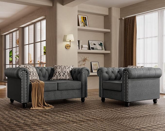 Morden Fort 2 Piece Classic Chesterfield Sofa Set, Tufted Chair & Loveseat Furniture Solid Wood Legs Thick Cushion, Pet-Friendly Couch Set for Living Room Bedroom Apartment, Linen Grey