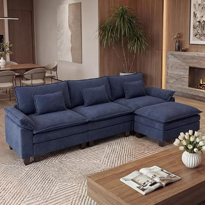 URRED Oversized Modular Sectional Sofa, 122" L Shaped Modern Comfy Cloud Couch with Movable Ottoman & Pillows, Deep Seat Couches for Living Room, Bedroom or Apartment (Corduroy Blue, 122" L Shaped)