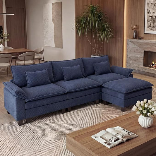 URRED Oversized Modular Sectional Sofa, 122" L Shaped Modern Comfy Cloud Couch with Movable Ottoman & Pillows, Deep Seat Couches for Living Room, Bedroom or Apartment (Corduroy Blue, 122" L Shaped)
