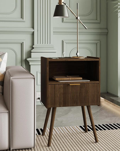 Veegle Nightstand,Modern Bedside Table with Storage Drawer and Open Wood Shelf, Accent Night Stand with Solid Wood Legs for Living Room, Bedroom and Small Spaces,Easy Assembly (Walnut Brown-Outlet)