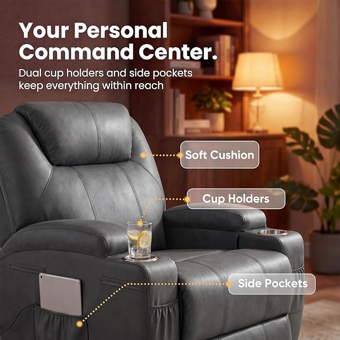 JUMMICO Small Swivel Rocker Recliner, 360 Rocking Chair Recliner with Massage, Upholstered Leathaire Rocker Recliner with Cup Holder for Living Room, Bedroom, Nursery (Dark Gray)