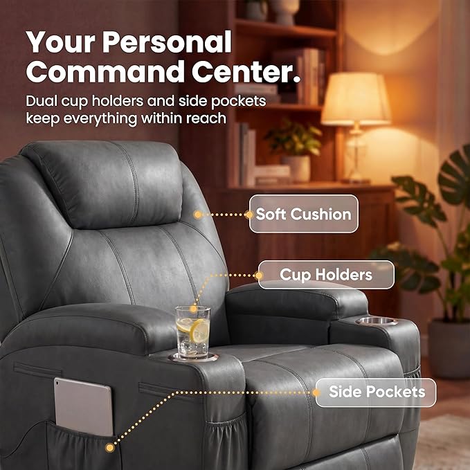 JUMMICO Small Swivel Rocker Recliner, 360 Rocking Chair Recliner with Massage, Upholstered Leathaire Rocker Recliner with Cup Holder for Living Room, Bedroom, Nursery (Black)